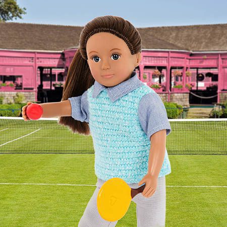 Mini doll playing tennis.