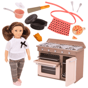 Mini doll with cooking accessories.