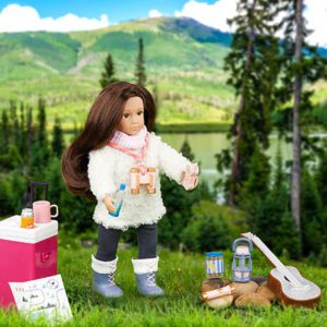 Mini doll with camping accessories.