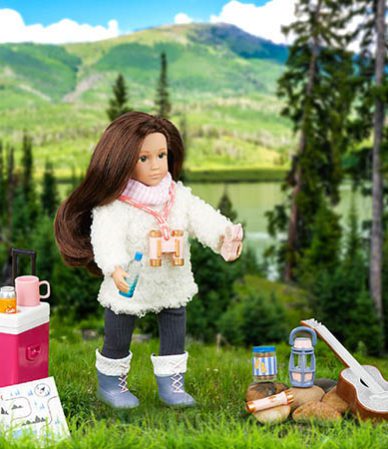 Mini doll with camping accessories.