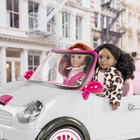 Two mini dolls in a car.