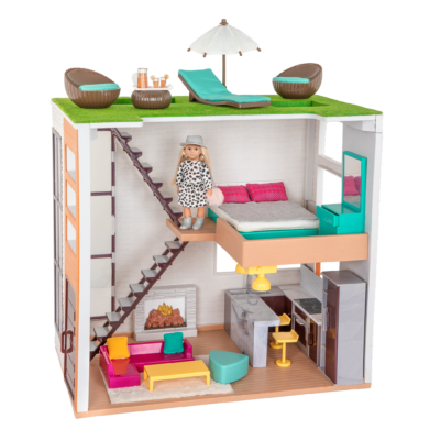 Dollhouse with doll and furniture.