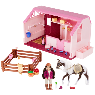 Mini doll, toy horse, stable playset.