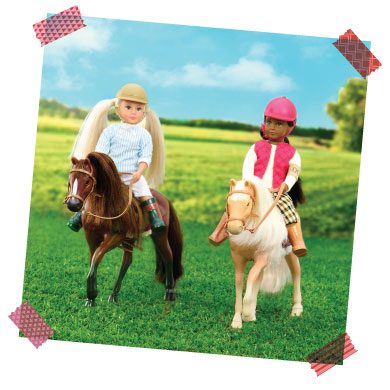 Mini dolls riding toy horses.