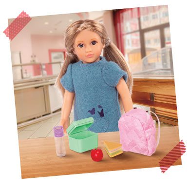 Mini doll with school lunch.