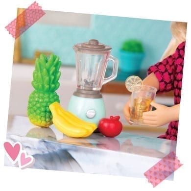 Doll making a smoothie.