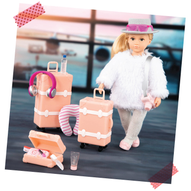 Mini doll with travel accessories.