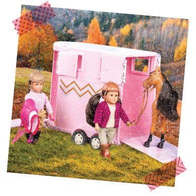 Mini dolls with horse and trailer.