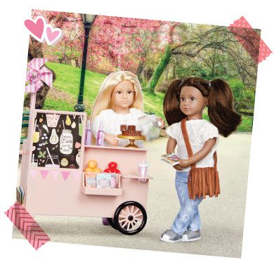 Mini dolls at snack cart.