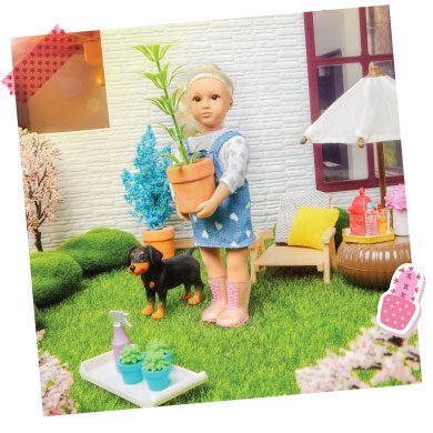 Mini doll holding a potted plant.