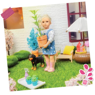 Mini doll outside, holding a potted plant.