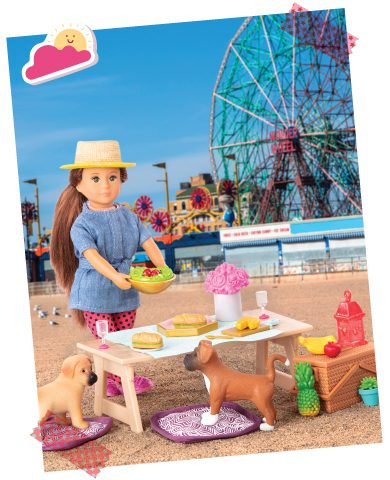 Mini doll setting up a picnic table.