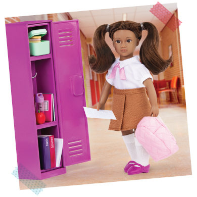 Mini student doll next to school locker.