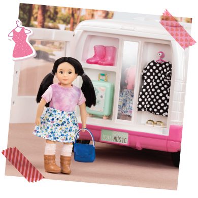 Mini doll next to closet.