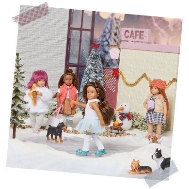 Mini dolls ice skating outdoors.