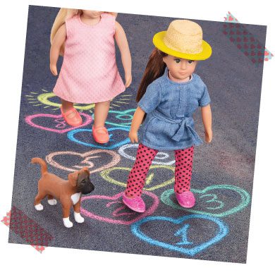 Mini dolls playing hopscotch.