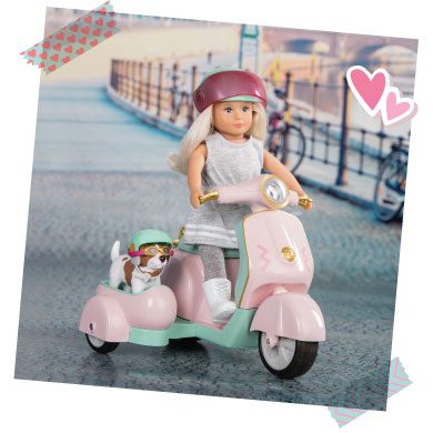 Mini doll and dog on scooter.