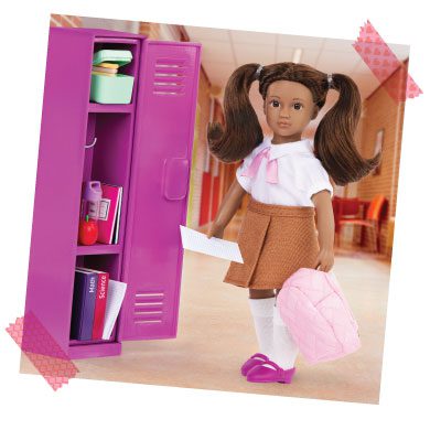 Mini doll next to school locker.